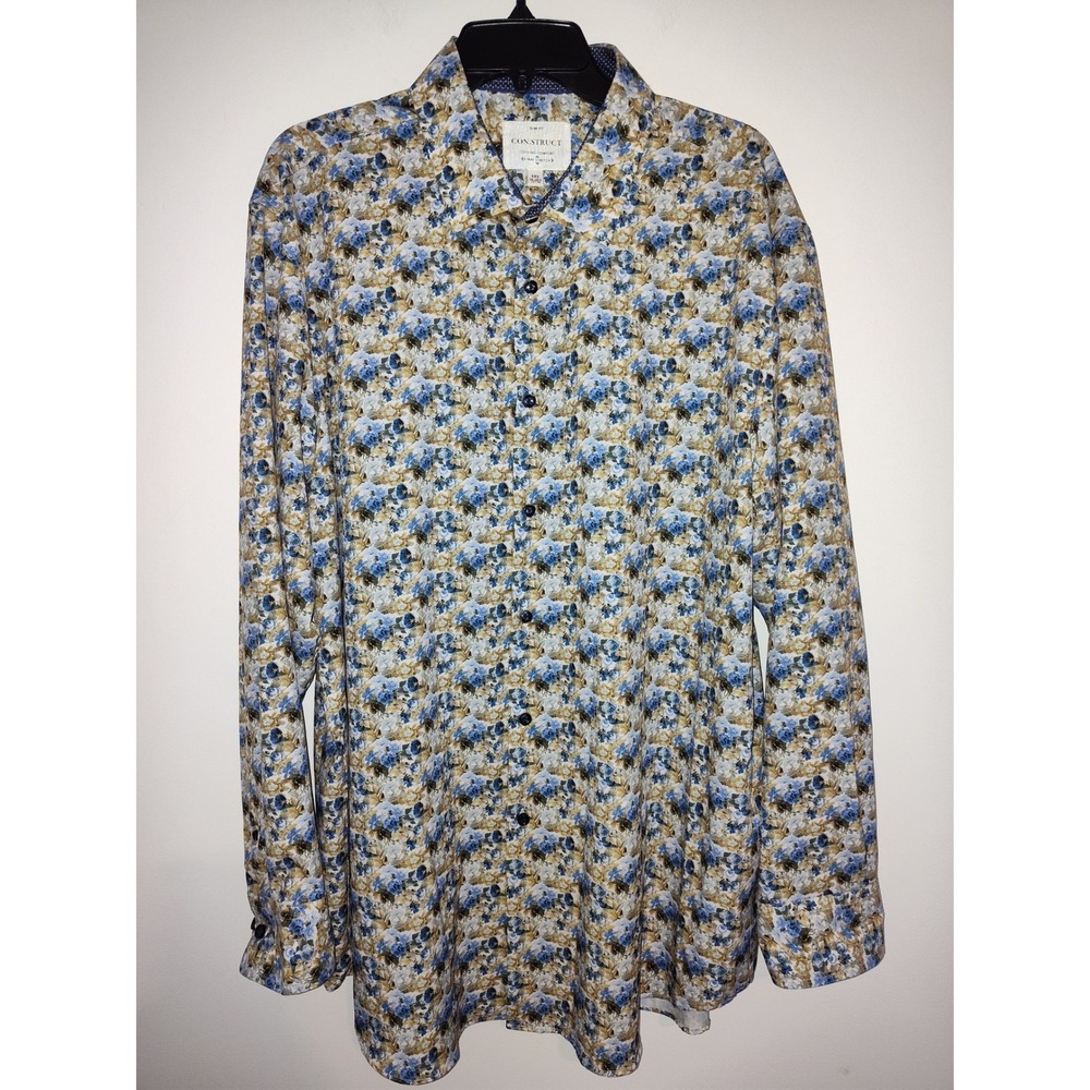 CON.STRUCT Mens XXL SlimFit Floral ButtonDown Shirt Blue Stretch Cooling Long SL